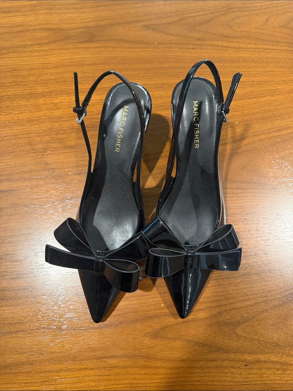 Marc Fisher Black Patent Pointed Toe Slingback Pumps with Bow